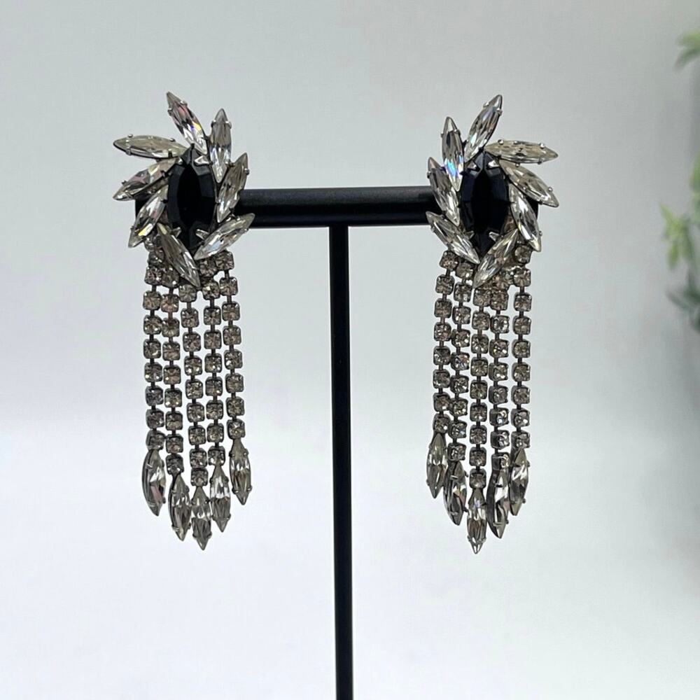 Vintage Silver Tone Black Rhinestone Flourish‎ Round Marquis Dangle Clip Earring